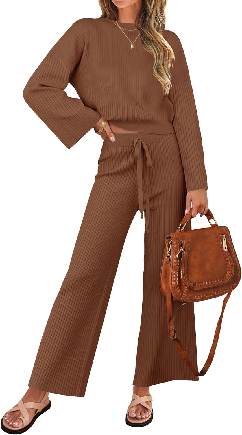 ZESICA Women's 2 Piece Outfits Set 2025 Casual Long Sleeve Knit Pullover Top and Wide Leg Pants Sweatsuit Lounge Sets