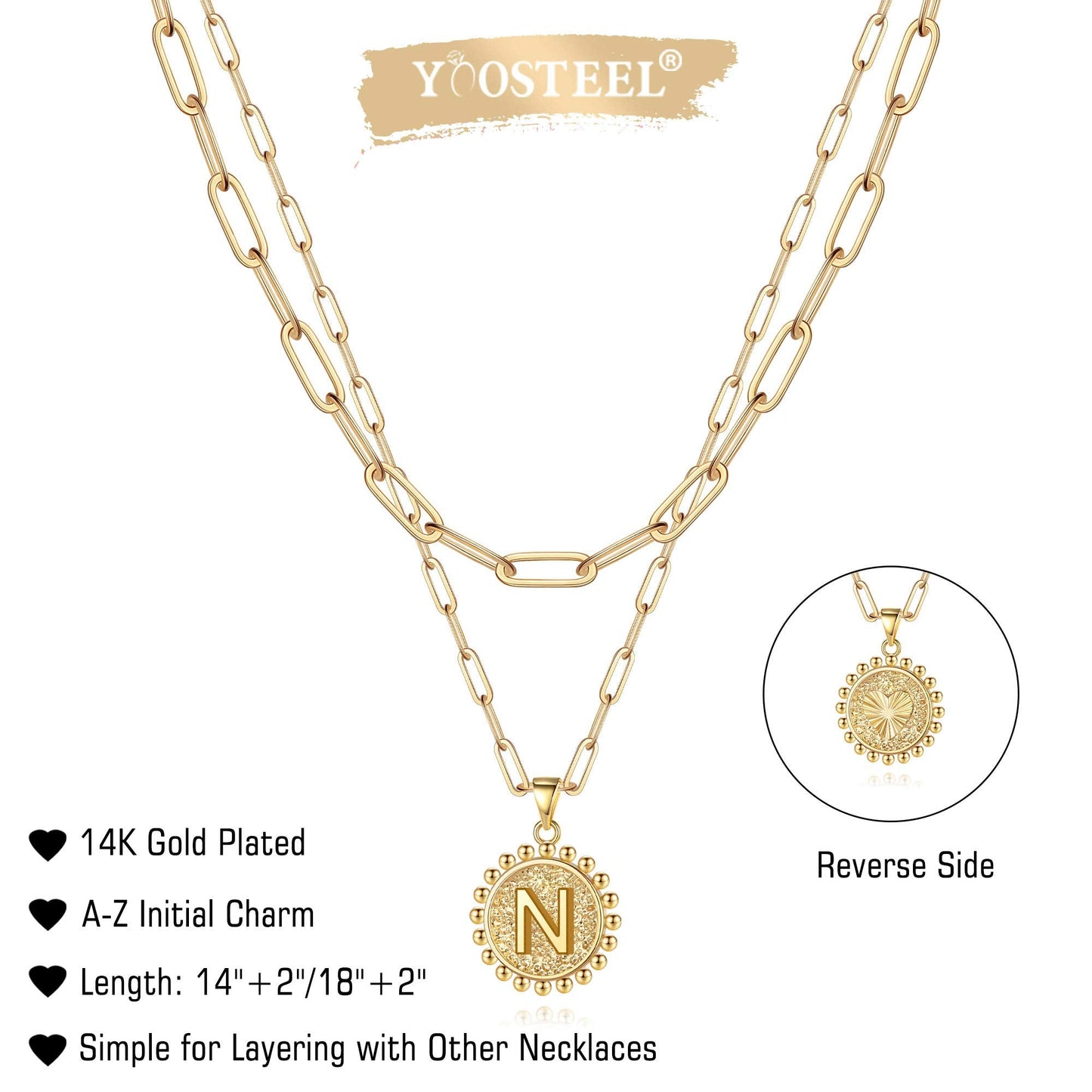 Yoosteel Layered Initial Necklaces for Women Trendy - 14K Gold-Plated Dainty Layering Paperclip Chain Coin Initial Necklace Jewelry Gifts for Women Mom Wife Teen Girls