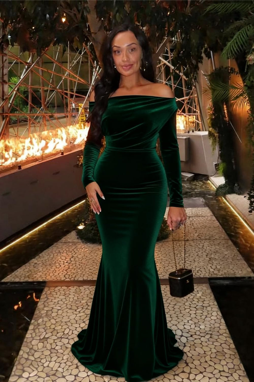 Off The Shoulder Velvet Formal Dresses Mermaid Long Sleeve Wedding Guest Dress Wrap Evening Dress