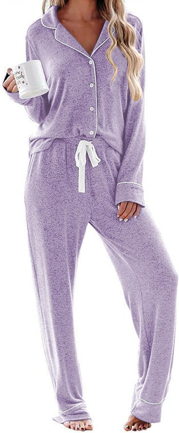 Ekouaer Women's Pajamas Long Sleeve Sleepwear Casual Button Down Loungewear Soft Pjs Set S-XXL