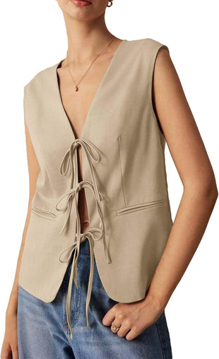 Mina Self 2024 Womens Sleeveless Blazers Vest Front Bow Tie-Up Lace Up V-Neck Fashion Casual Fully Lined Fitted Work Jackets