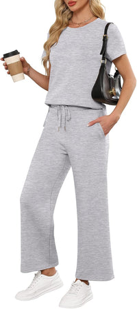 ANRABESS Women 2 Piece Lounge Sets Summer Travel Sweat Outfits Short Sleeve Wide Leg Casual Matching Tracksuits Clothes