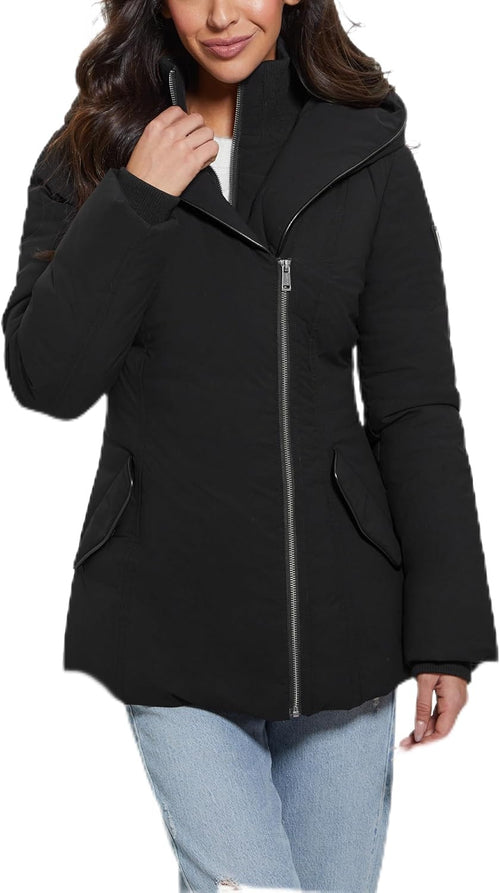 GUESS womens Lucy Stretch Asymmetric Zip Puffer