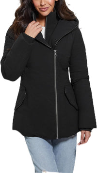 GUESS womens Lucy Stretch Asymmetric Zip Puffer