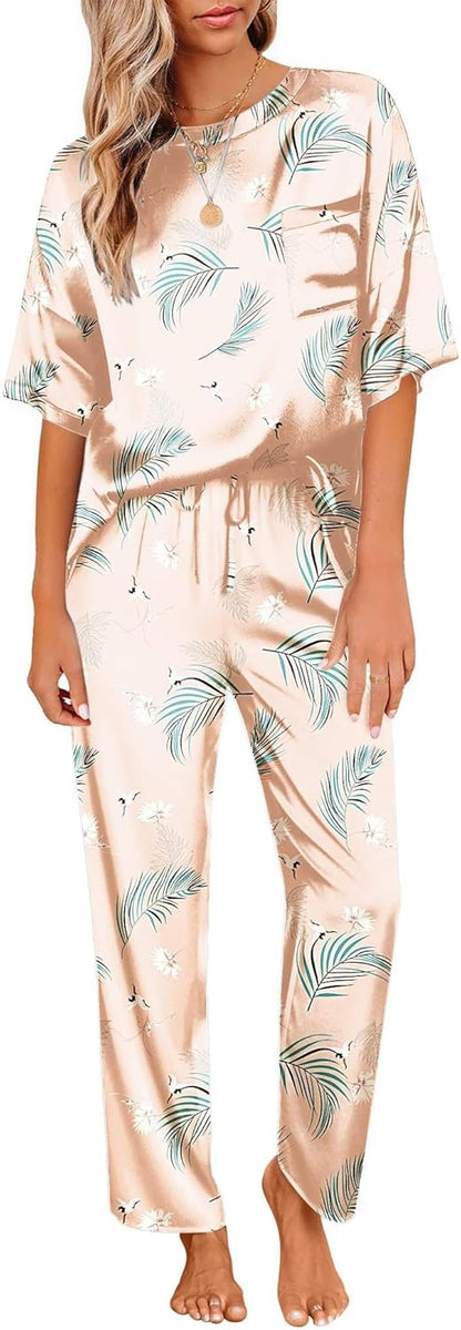 Ekouaer Womens Satin Silky Pajama Set Short Sleeve Shirt with Long Pajama Pant Set Soft PJ Loungewear