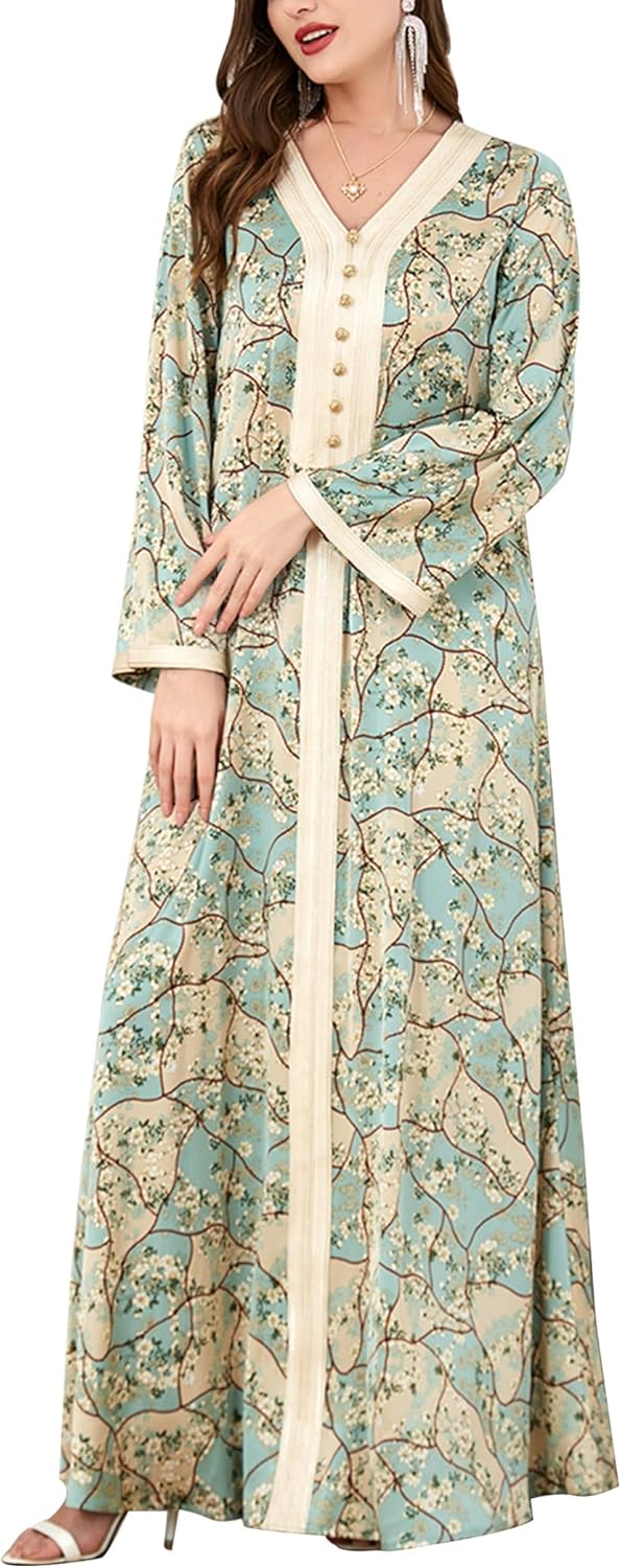 FYMNSI Abaya Dress for Women Muslim Modest Maxi Robe Floral V Neck Eid Prayer Dresses Dubai Clothing Arabian Islamic Kaftan