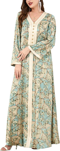 FYMNSI Abaya Dress for Women Muslim Modest Maxi Robe Floral V Neck Eid Prayer Dresses Dubai Clothing Arabian Islamic Kaftan