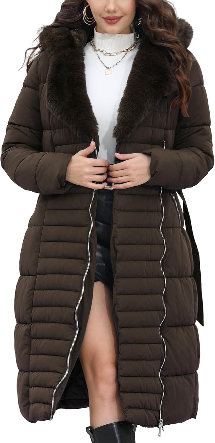 Bellivera Women's Puffer Jacket Lightweight Quilted Hooded Long Down Alternative Coat with Belt
