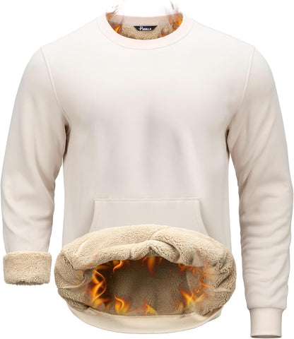 Pudolla Men's Sherpa Lined Sweatshirts Warm Soft Crewneck Sweatshirts Heavyweight Winter Pullover Kangaroo with Pouch Pocket