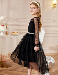 Arshiner Girls Dresses Contrast Mesh Long Sleeve Twirly High Low Birthday Party Formal Dress