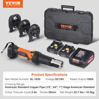 VEVOR Mini ProPress Tool, 18V Electric Pipe Crimping Tool for 1/2", 3/4", 1" Copper Pipes, Press Tool Kit with 3 Pro Press Jaws, 2pcs 2AH Battery, Fast Charger & Carrying Case