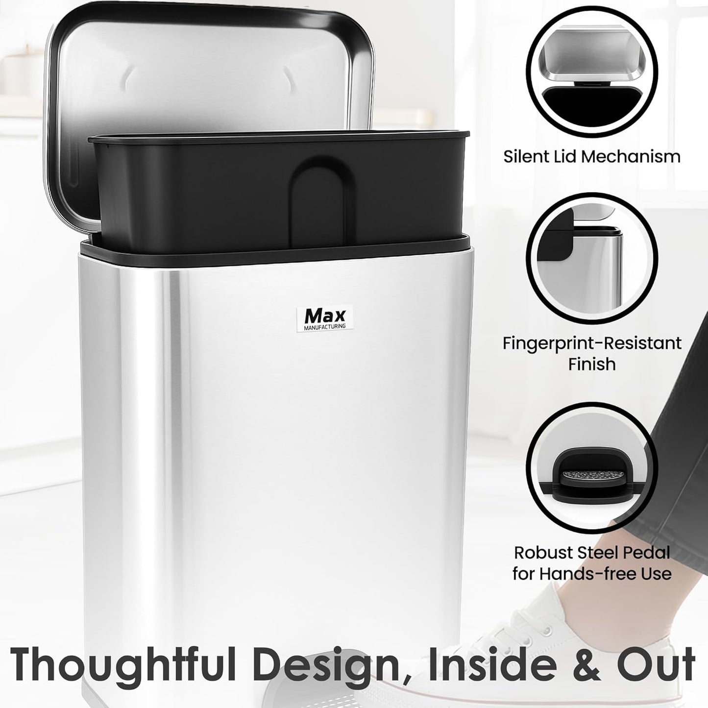 13 Gallon/50 L Trash Can with Lid - Rectangular Smudge-Resistant Kitchen Trash Can With Soft-Close Foot Pedal - Stainless Steel Garbage Can for Kitchen, Bathroom, or Office - Indoor and Outdoor Use