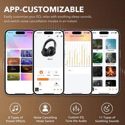 1Mii Y8+ Noise Cancelling Headphones Bluetooth, Wireless LDAC Hi-Res Audio, Custom EQ via App, 75H Playtime, Comfort Fit, Over Ear Headphones Foldable for Airplane Travel Home Office Black