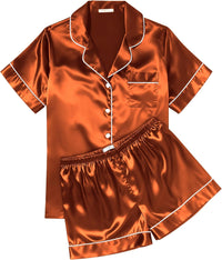 Ekouaer Womens Silk Satin Pajama Sets Soft Short Sleeve Button Down Sleepwear Top and Shorts 2 Piece Pjs Lounge Set