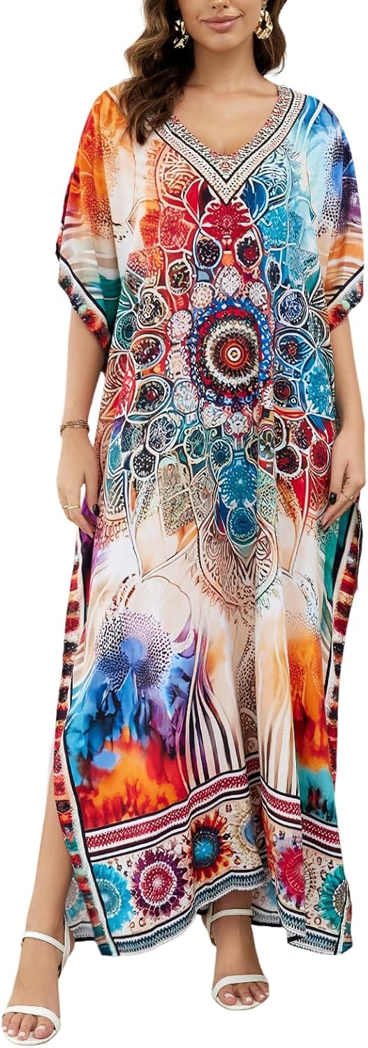 Women's Plus Size Loose Fit Moroccan Print V-Neck Batwing Kaftan Beach Dress Bathing Suit Cover Up