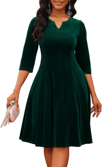 Nmoder Midi Dresses for Women A-Line Fit and Flare Dress 3/4 Sleeve V Neck Cocktail Wedding Guest Work Dress with Pockets