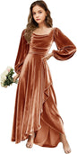 Velvet Junior Bridesmaid Dresses Long Sleeve Girls Christmas Dress Flower Girl Dresses Wedding Guest Maxi Party Gown