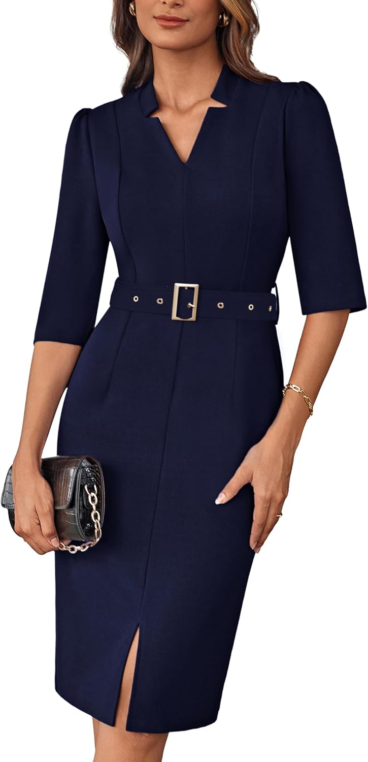 GRACE KARIN Women's Work Dress 3/4 Sleeve V Neck Bodycon Sheath Dress Zipper Up Office Business Dresses with Belt