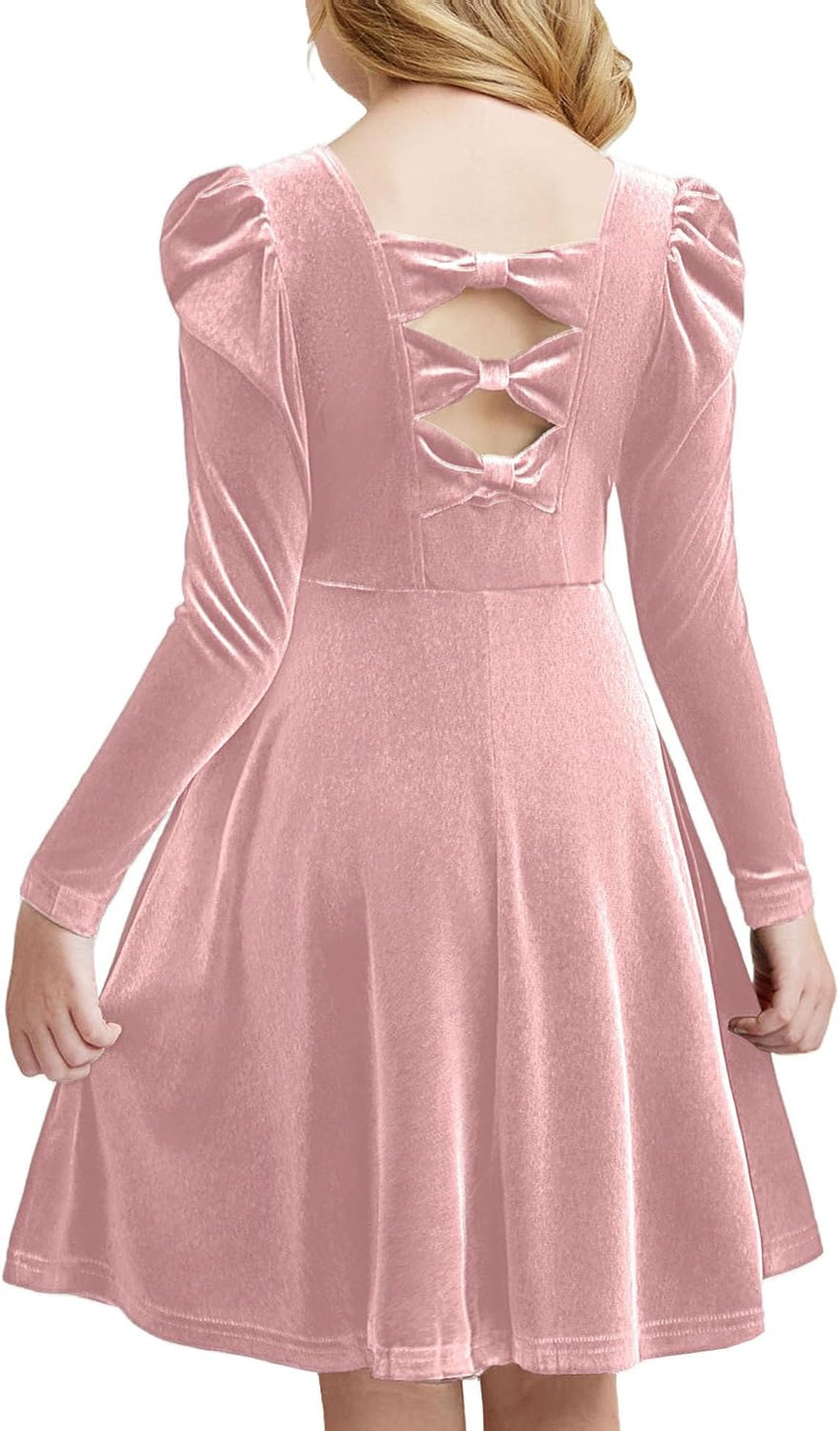 Arshiner Girls Long Sleeve Dress Velvet Crew Neck Bow Back Holiday Party Dresses with Pockets