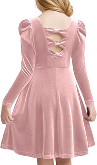 Arshiner Girls Long Sleeve Dress Velvet Crew Neck Bow Back Holiday Party Dresses with Pockets