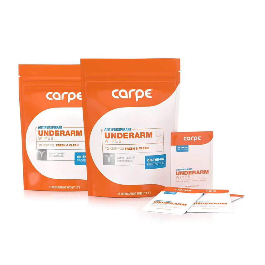 Carpe Antiperspirant Underarm Wipes for Sweat Blocking, Deodorizing, and Cleansing When You’re On the Move - 15 Residue Free, Individually Wrapped Wipes - Clean and Refreshing Scent