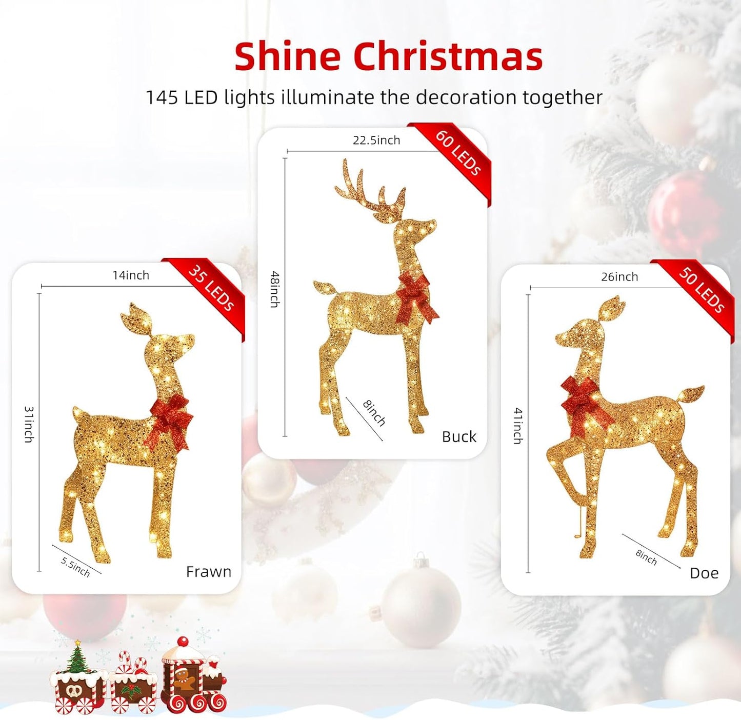 3-Piece 2D Lighted Christmas Deer Family Set - HOYECHI Large Outdoor Yard Reindeer Holiday Decoration with 145 LED Lights, Stakes, Zip Ties - Gold