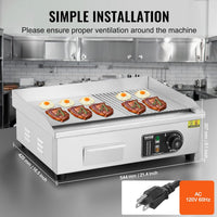 VEVOR Commercial Electric Griddle, 1600W Countertop Half-Flat Top Grill, 22in Stainless Steel Griddle Grill with 2 Shovels and 2 Brushes for Home or Restaurant, 122℉-572℉ Adjustable Temp