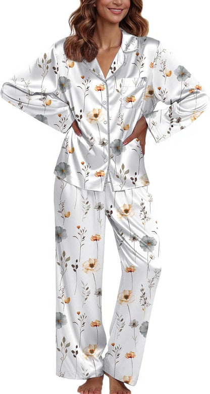 Ekouaer Pajamas For Women Set Silk Pjs 2 Piece Satin Sleepwear Long Sleeve Button Down Lounge Sets With Pant