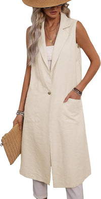 Mina Self 2025 Summer Sleeveless Long Linen Blazers Jacket Women Lightweight Fashion Casual Work Outerwear with Pockets