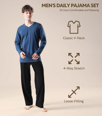 DAVID ARCHY Men's Pajamas Set Soft Cotton Long Sleeve Sleepwear Comfy Loungewear Pjs with Pockets