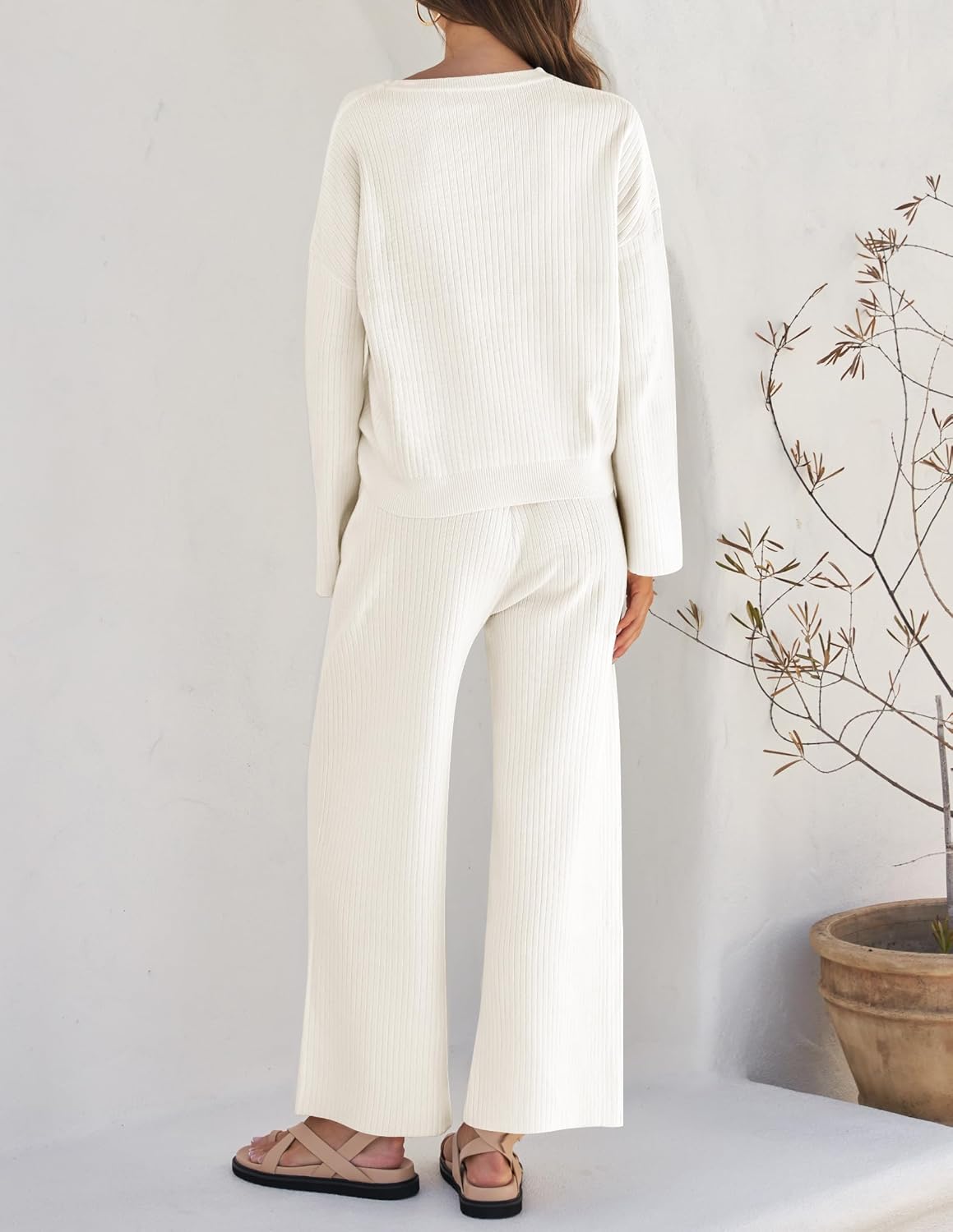 ZESICA Women's 2 Piece Outfits Set 2025 Casual Long Sleeve Knit Pullover Top and Wide Leg Pants Sweatsuit Lounge Sets