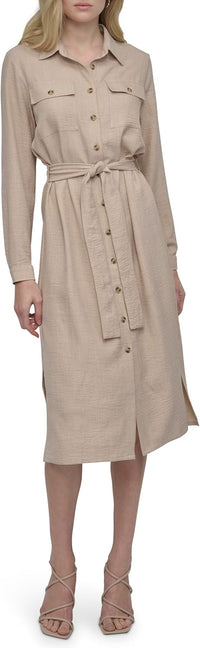 DKNY Womens Long Sleeve Collared Tie Midi Shirtdress