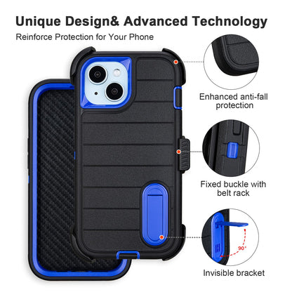 for Rugged iPhone 15 Case with Belt Clip Holster, Military Grade Heavy Duty Shockproof Cover for iPhone15 Case Protective with Stand 6.1 Inch (Black+Blue)