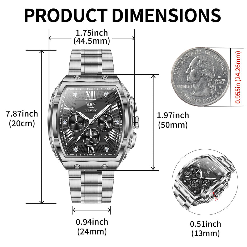 OLEVS Watches Men Chronograph Waterproof Rectangle Face Moon Phase Stainless Steel Strap Dress Watches for Men Luminous Quartz Calendar Mens Wrist Watch
