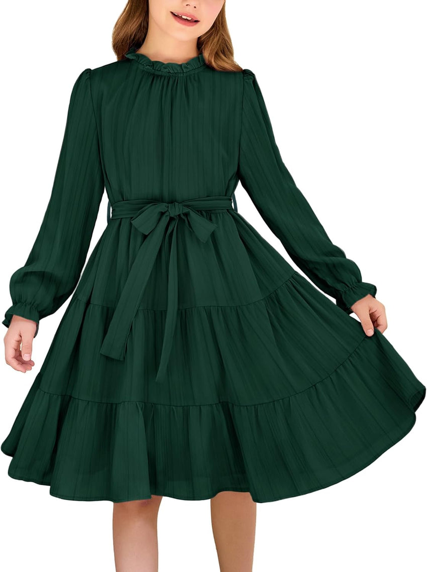 Arshiner Girls Long Sleeve Dress Tween Fall Formal Party Holiday Midi Tiered Flowy Swing Dresses with Belt 5-13 Y