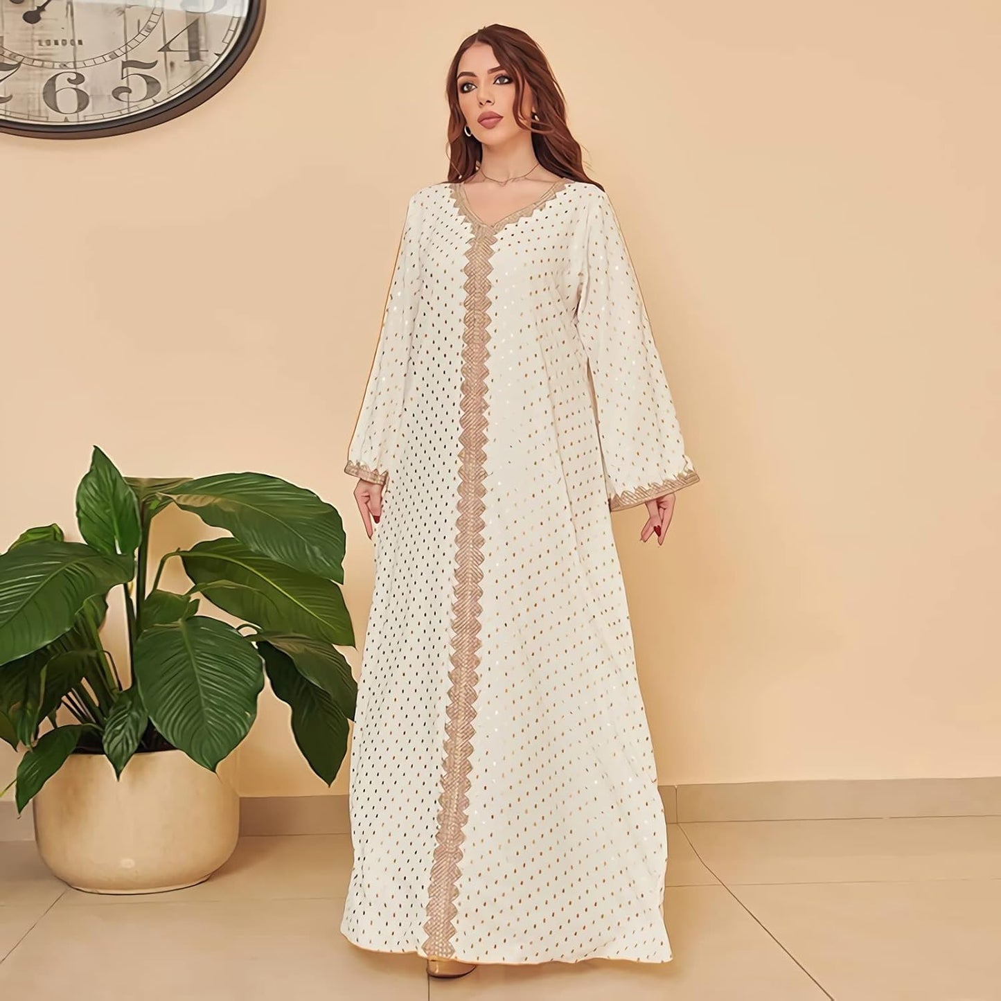 FPOVFPO Women's Muslim Abaya One-Piece V Neck Bronzing Dress Islamic Full Length Kaftan Daily Casual