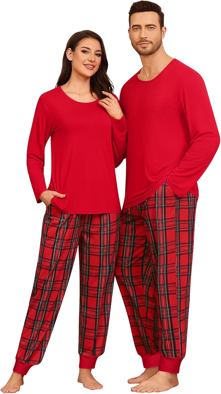 SWOMOG Couples Pajama Sets Women & Men Long Sleeve Sleepwear Top Plaid Pants Loungewear Set with Pockets
