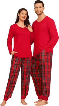 SWOMOG Couples Pajama Sets Women & Men Long Sleeve Sleepwear Top Plaid Pants Loungewear Set with Pockets