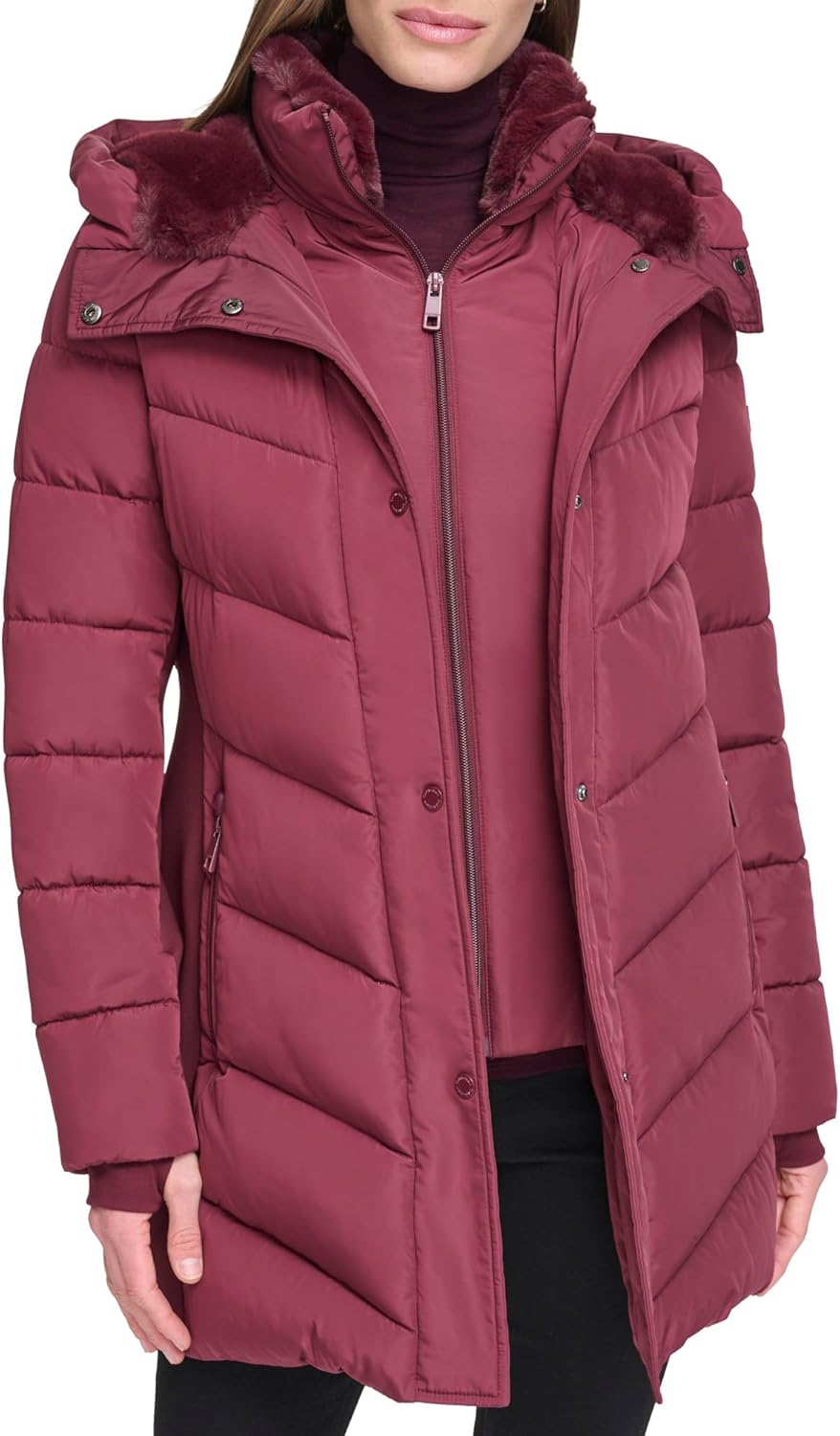 Calvin Klein womens Long Chevron Bib-front Light-weight Jacket