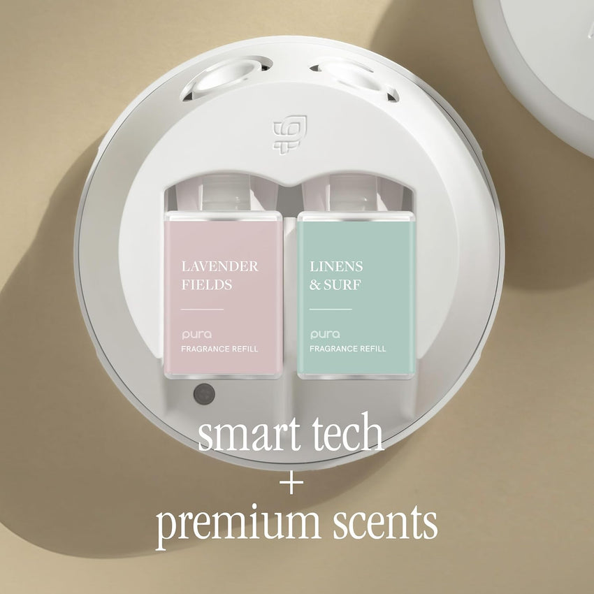 Pura 4 Smart Home Fragrance Device Starter Set - Scent Diffuser for Home- Linens & Surf, Lavender Fields, White Tea No. 1, Yuzu Citron Scent