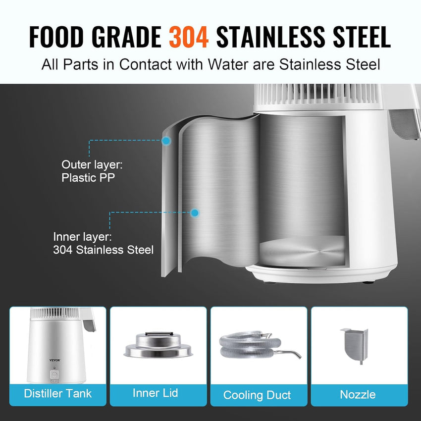 VEVOR Water Distiller, 1.1 Gal Distilled Water Machine, 750W Pure Water Distilling w/BPA Free Plastic Container, Water Distillation Kit w/Button, Countertop Distilled Water Maker for Home, White
