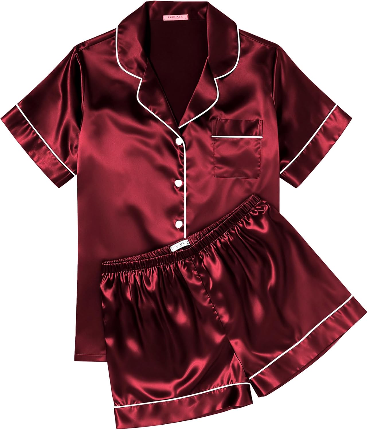 Ekouaer Womens Silk Satin Pajama Sets Soft Short Sleeve Button Down Sleepwear Top and Shorts 2 Piece Pjs Lounge Set