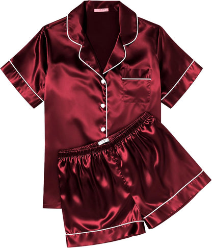 Ekouaer Womens Silk Satin Pajama Sets Soft Short Sleeve Button Down Sleepwear Top and Shorts 2 Piece Pjs Lounge Set
