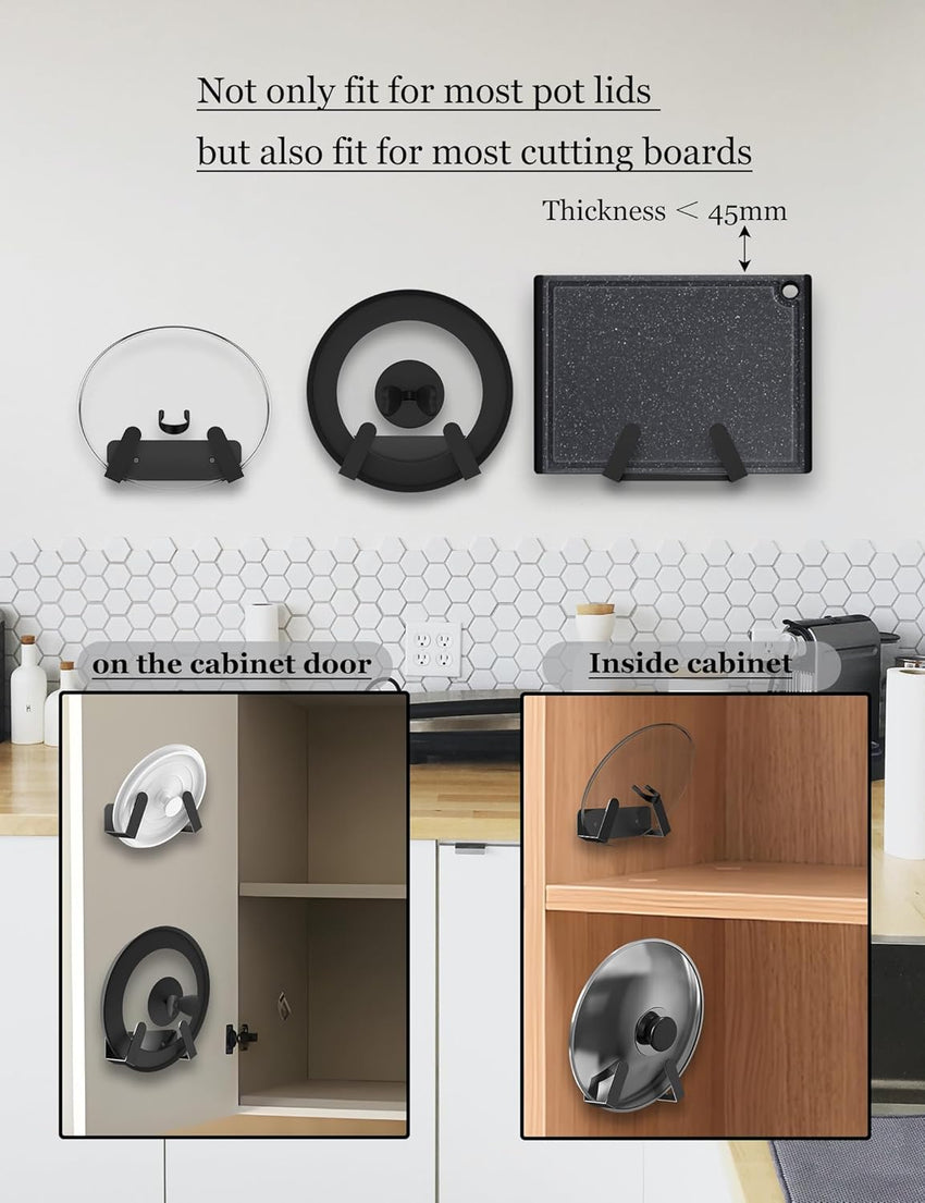 NOTMBESTM Pot Lid Organizer, 2 Pack Lid Holders Inside Cabinet, Wall Mount Rack Fit for Cutting Board, Fixed by Adhesive or Screw (Black)