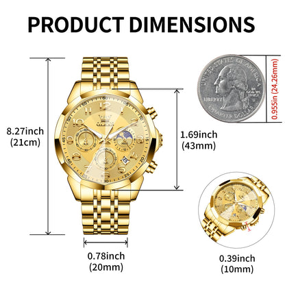 OLEVS Watches Men Luxury Chronograph Moon Phase Waterproof Luminous Watches for Men Analog Quartz Calendar Stainless Steel Strap Wrist Watches-(Black/Blue/Gold/Grey/Silver Face)