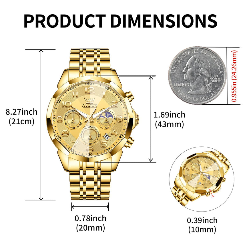 OLEVS Watches Men Luxury Chronograph Moon Phase Waterproof Luminous Watches for Men Analog Quartz Calendar Stainless Steel Strap Wrist Watches-(Black/Blue/Gold/Grey/Silver Face)