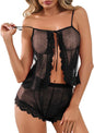 Kolagri Sexy Women Lace Pajamas Lingerie Set High Waist Sheer Sleepwear Bow Ties Cami Shorts Set