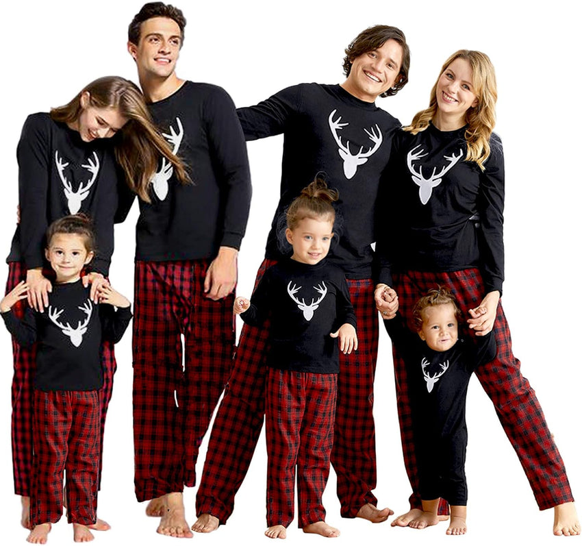 IFFEI Matching Family Pajamas Sets Christmas PJ's Letter Print Top and Plaid Bottom Sleepwear Jammies with Pockets
