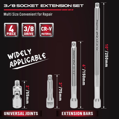 4-Piece 3/8" Drive Socket Extension Bar Set, Professional Socket Extension Set Include 3, 6, and 10 Inch Extensions and 3/8 Inch drive Universal Joint Sockets, Premium Cr-V Steel Construction