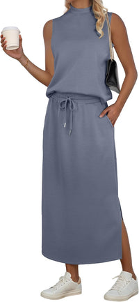 GRECERELLE Two Piece Skirt Sets for Women Summer Outfits with Pockets Lounge Sets Mock Neck Tops Split Maxi Skirt